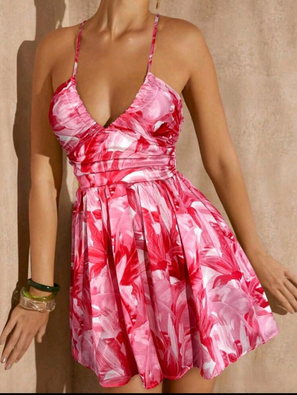 Red & Pink Floral Mini Dress with V-Neck